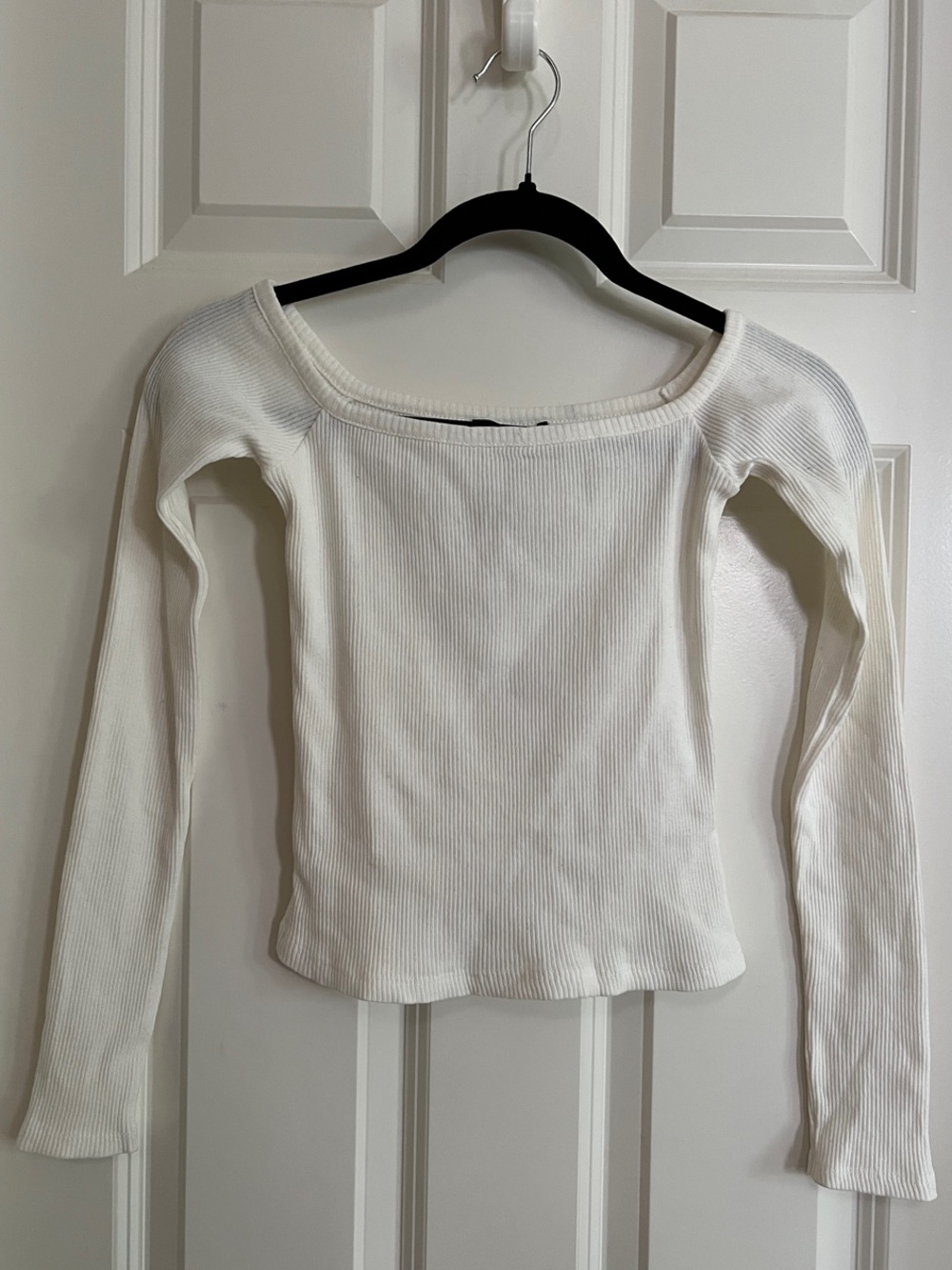 Zara Off-Shoulder Ribbed Long Sleeve Top — White